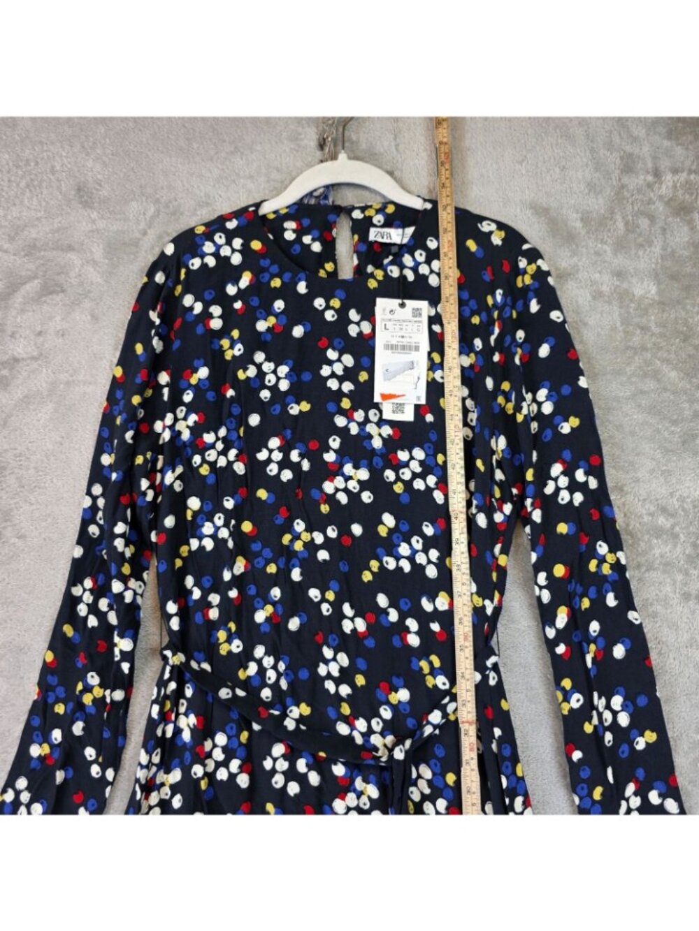 Zara Dress Womens L Multicolor Polka Dot Round Neck Long Sleeve Maxi Belted - Picture 9 of 13